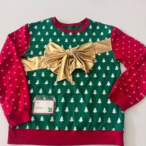 Awake Gold Bow Package Ugly Christmas Sweatshirt To/From Tag‎ Large